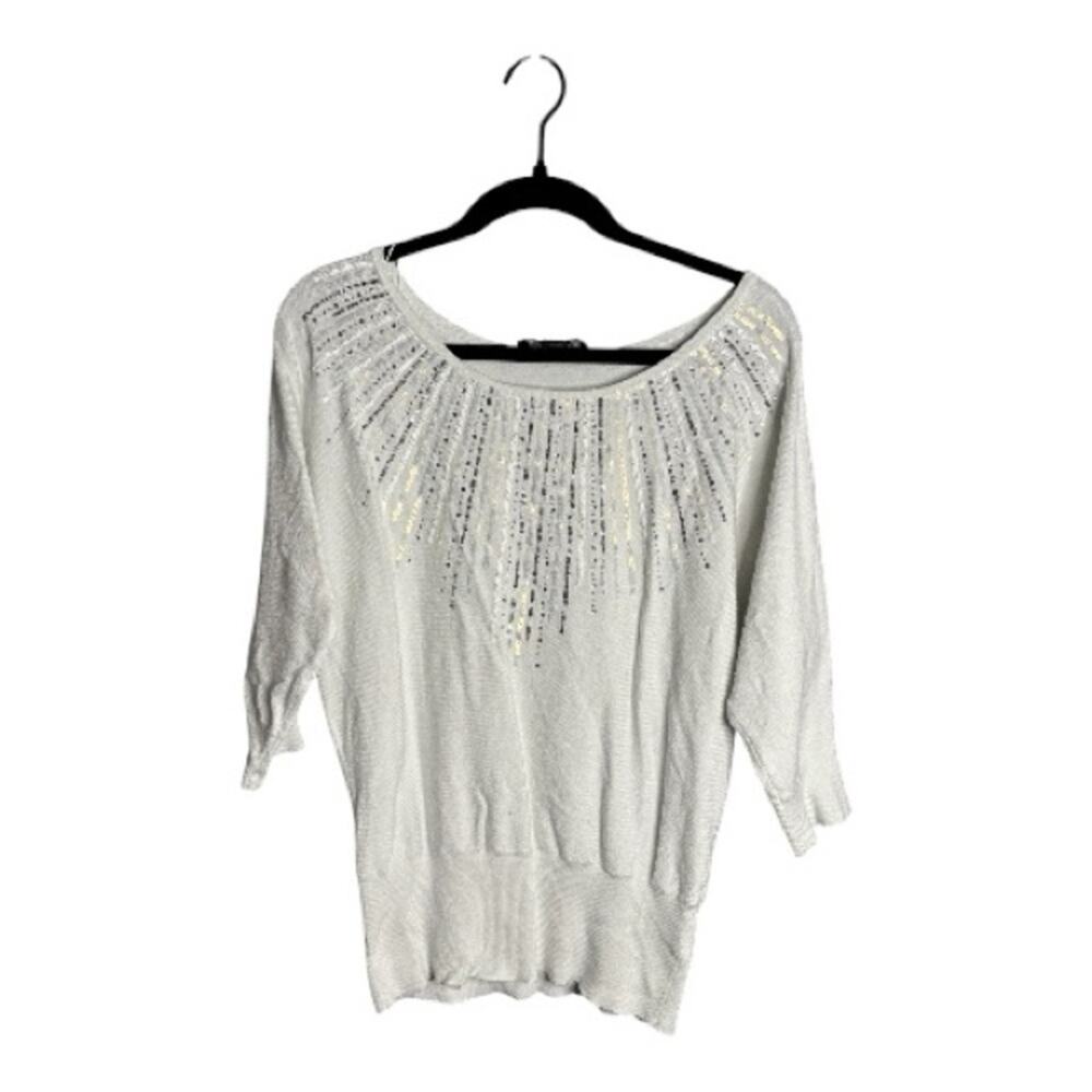 White House Black Market White Sequin Dolman Sleeve Sweater Medium